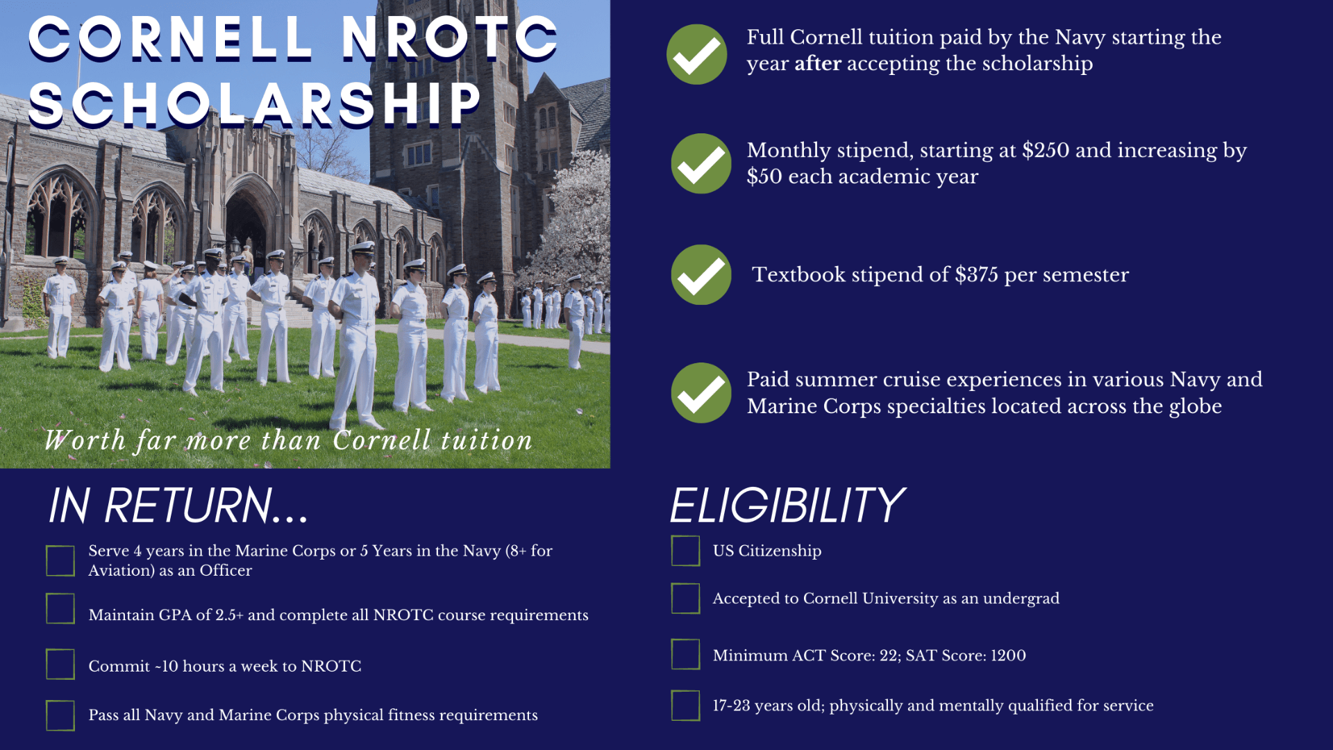 Scholarship Naval Reserve Officers Training Corps, NROTC at Cornell